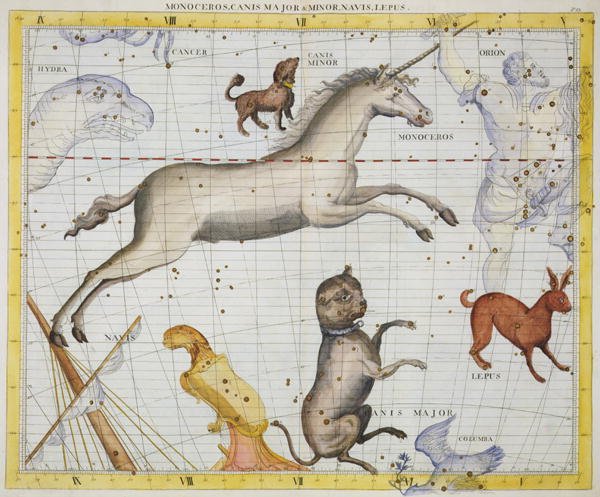 Constellation of Monoceros with Canis Major and Minor, plate 13 from Atlas Coelestis, by John Flamsteed 1646-1710, published 1729