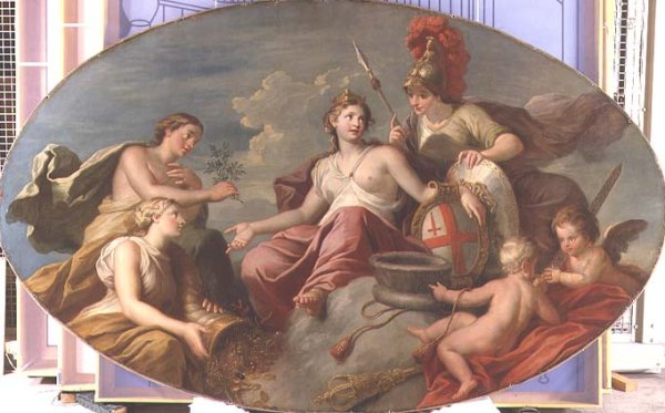 Allegorical group representing London, Justice, Prudence, Temperance and Fortitude, 1725-27