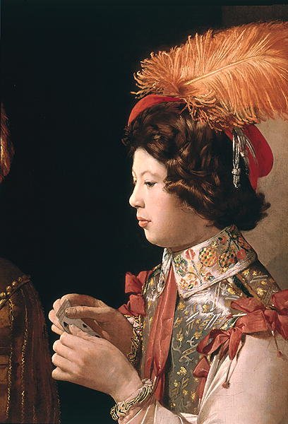 The Cheat with the Ace of Diamonds, detail depicting the male card player with the feathered hat, c.1635-40