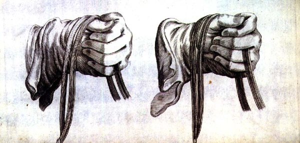 Study of two gloved hands holding the reins of a double bridle from New Treatise for Breeding Horses written by Winters, Stuterey and Reit-Schul, pub. 1672