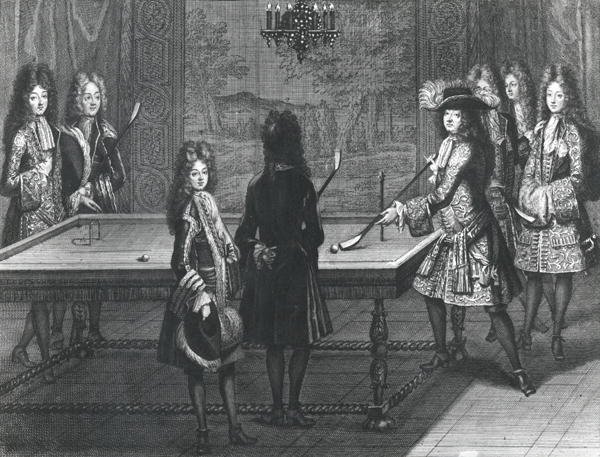 Louis XIV 1638-1715 playing billiards with Philippe I (1640-1701) Duke of Orleans, the Count of Toulouse, the Duke of Vendome, Monsieur dArmagnac and Monsieur de Chamillard, 1694