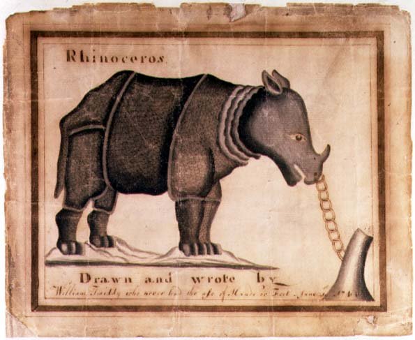 Rhinoceros, drawn and wrote by William Twiddy who never had the use of hands or feet, June 1st 1744