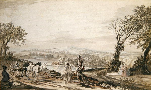 Travellers resting by a road above a river valley