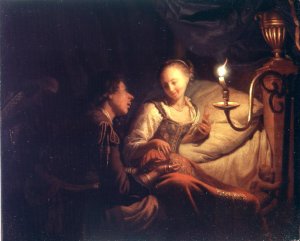 A Candlelight Scene A Man Offering a Gold Chain and Coins to a Girl Seated on a Bed, c.1665-70