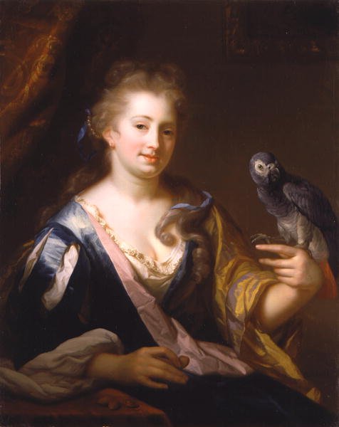 Portrait of a Lady feeding a parrot