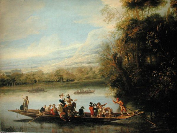 A landscape with a crowded ferry crossing the water in the foreground