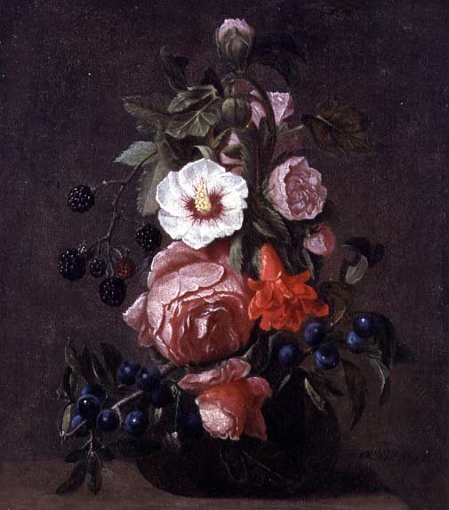 A Still Life of Mixed Flowers and Berries in a Glass Vase