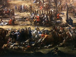 View of the Cours Belsunce, Marseilles, During the Plague of 1720, detail depicting the Cardinal of Belsunce with a group of corpses of plague victims, 1721