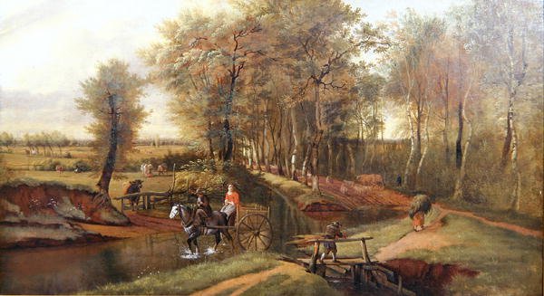 A Wooded River Landscape with Figures, Horse and Cart, 1692