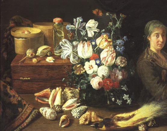 Still Life, flowers, shells, snakes, bird and a standing woman