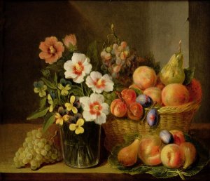 Still life of flowers in a vase and fruit in a basket