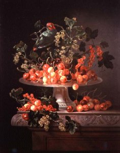 A Still Life of Cherries and Currants with a Parrot