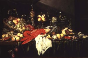 Still life of fruit with a squirrel