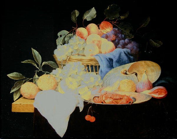 Still life with peaches and grapes in a basket, c.1650-60