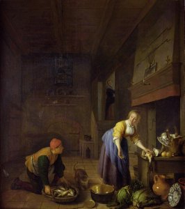 A kitchen with a kitchenmaid preparing poultry and a fishmonger delivering fish