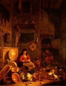 A Kitchen Interior with a Woman Peeling Potatoes beside a Dog, a Man Smoking in front of a Fire beyond