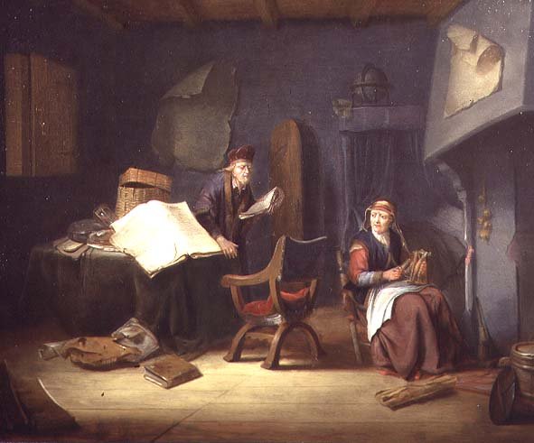 Interior with a scholar and an old lady spinning