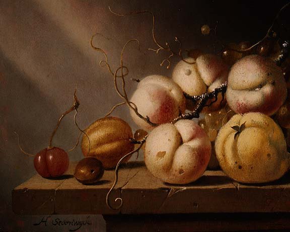 Still life of fruit on a ledge