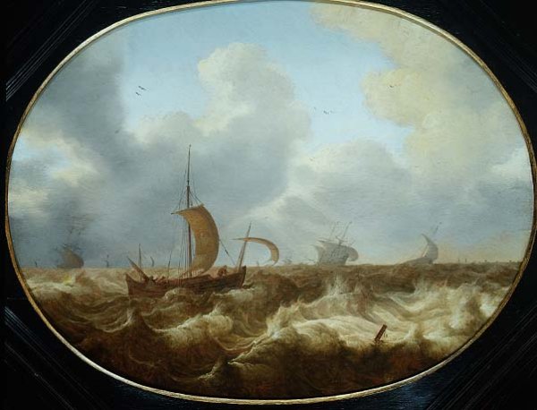 Fishing boats and other vessels in a stormy sea