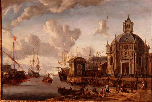 A capriccio Mediterranean harbour with a galley at anchor