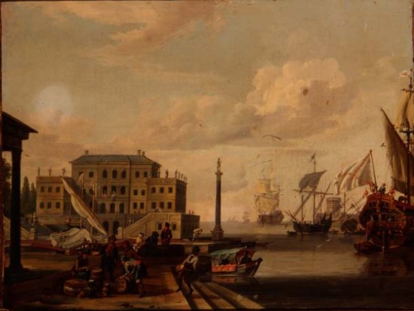 A capriccio of a Mediterranean Harbour with merchants and shipping at anchor