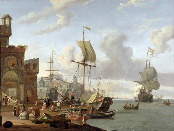 A capriccio Mediterranean harbour scene, 1678