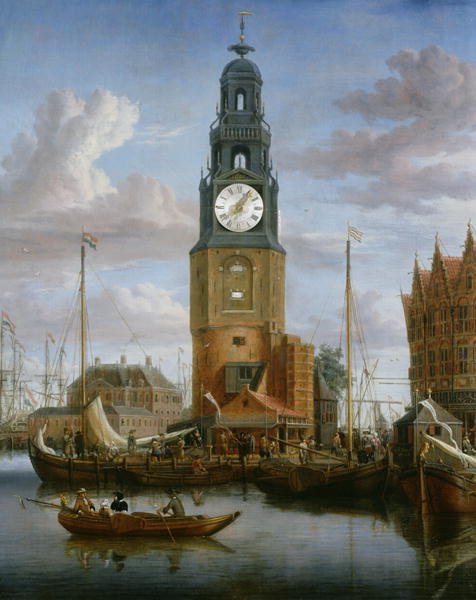 View of the Haringspacker Tower in Amsterdam, with a working clock-face set into the painting, 1684