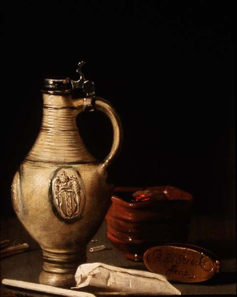 Still life with an Amsterdam earthenware ewer, bowl of charcoal and tobacco pouch