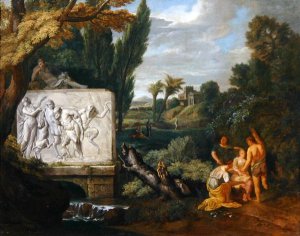 A Classical landscape with maidens dancing by a sarcophagus depicting the Triumph of Silenus 2