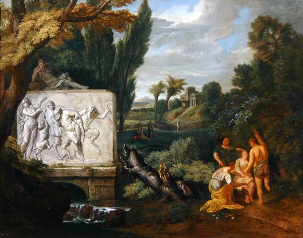 A Classical landscape with maidens dancing by a sarcophagus depicting the Triumph of Silenus 2