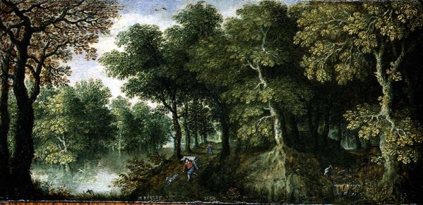 Wooded River Landscape with a Pedlar and Dog on a Track, 1624