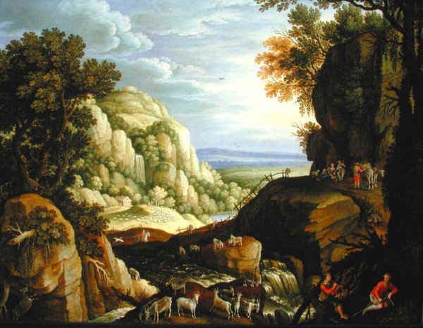 Mountainous Landscape with Shepherds and Travellers