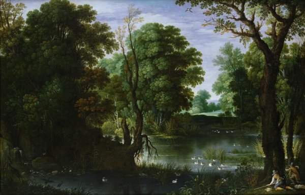 Landscape with a river and sportsmen shooting ducks