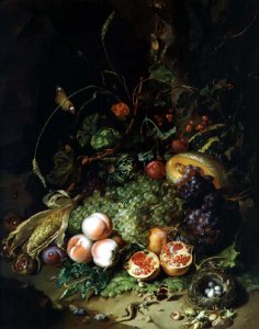 Still Life of Fruit with a Birds Nest and Insects, 1710