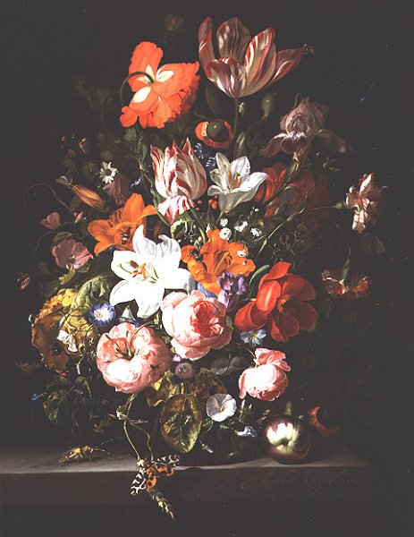 Still life of roses, lilies, tulips and other flowers in a glass vase with a Brindled Beauty on a stone ledge, 1704