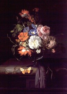 A Still Life of Flowers in a vase on a ledge