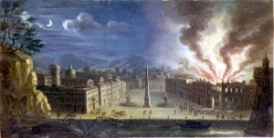 A piazza in an Italianate seaport with a building ablaze by night