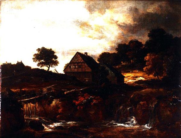 Wooded Landscape with peasant on a bridge over a torrent