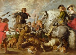 Rubens his Second Wife and Son in a Wolf and Foxhunt, after an original by Rubens