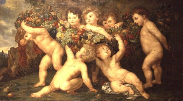 Putti playing with garlands of fruit