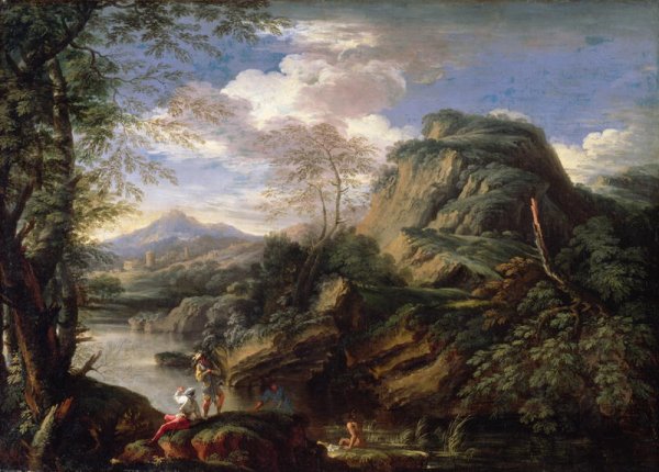 Mountain Landscape with Figures and a Man Bathing