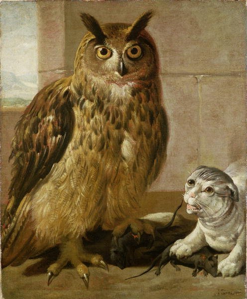 Eagle Owl and Cat with Dead Rats