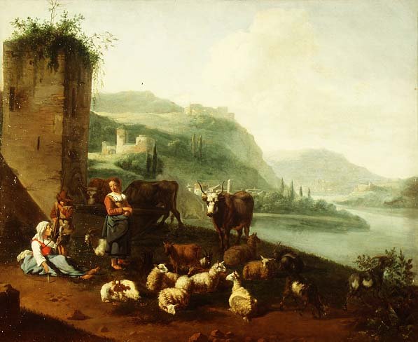 An Italianate landscape with peasants, cattle, sheep and goats by a fountain