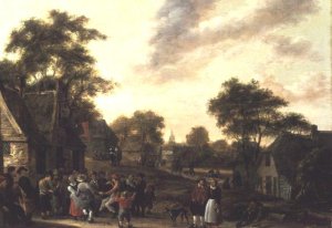 Town in Winter with figures skating