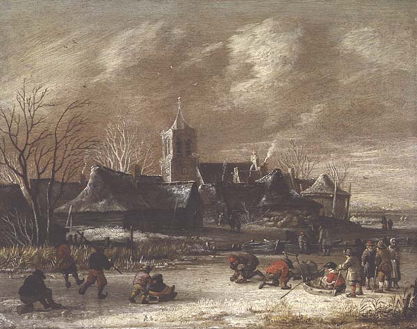 Town in Winter with figures skating