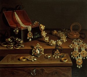 Casket of jewels on a table, principally of German Origin 1600-50