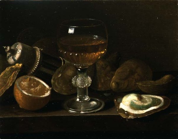 An Overturned Salt and a Wine Glass on a Ledge with Oysters and Lemons