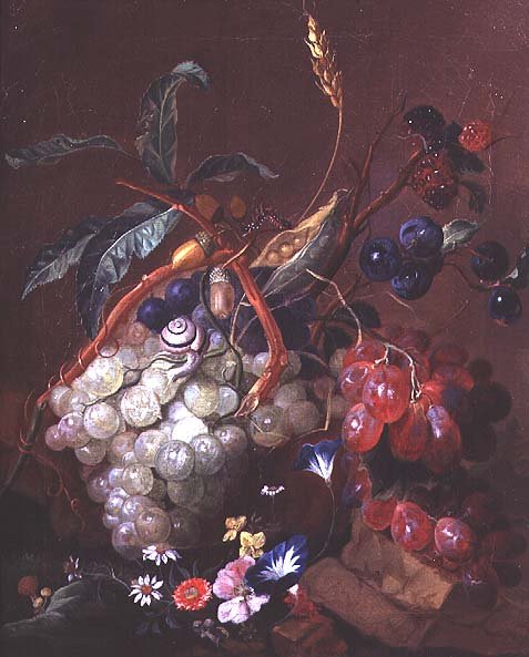 Still life with fruit, wheat and insects