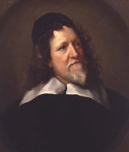 Portrait of Inigo Jones wearing a black tunic and cap