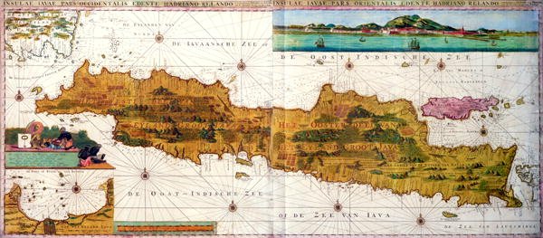 Insulae lavae, a large folding map of Java with two insets both depicting views of Batavia Jakarta Dutch, published by Gerard van Keulen, Amsterdam, c.1715